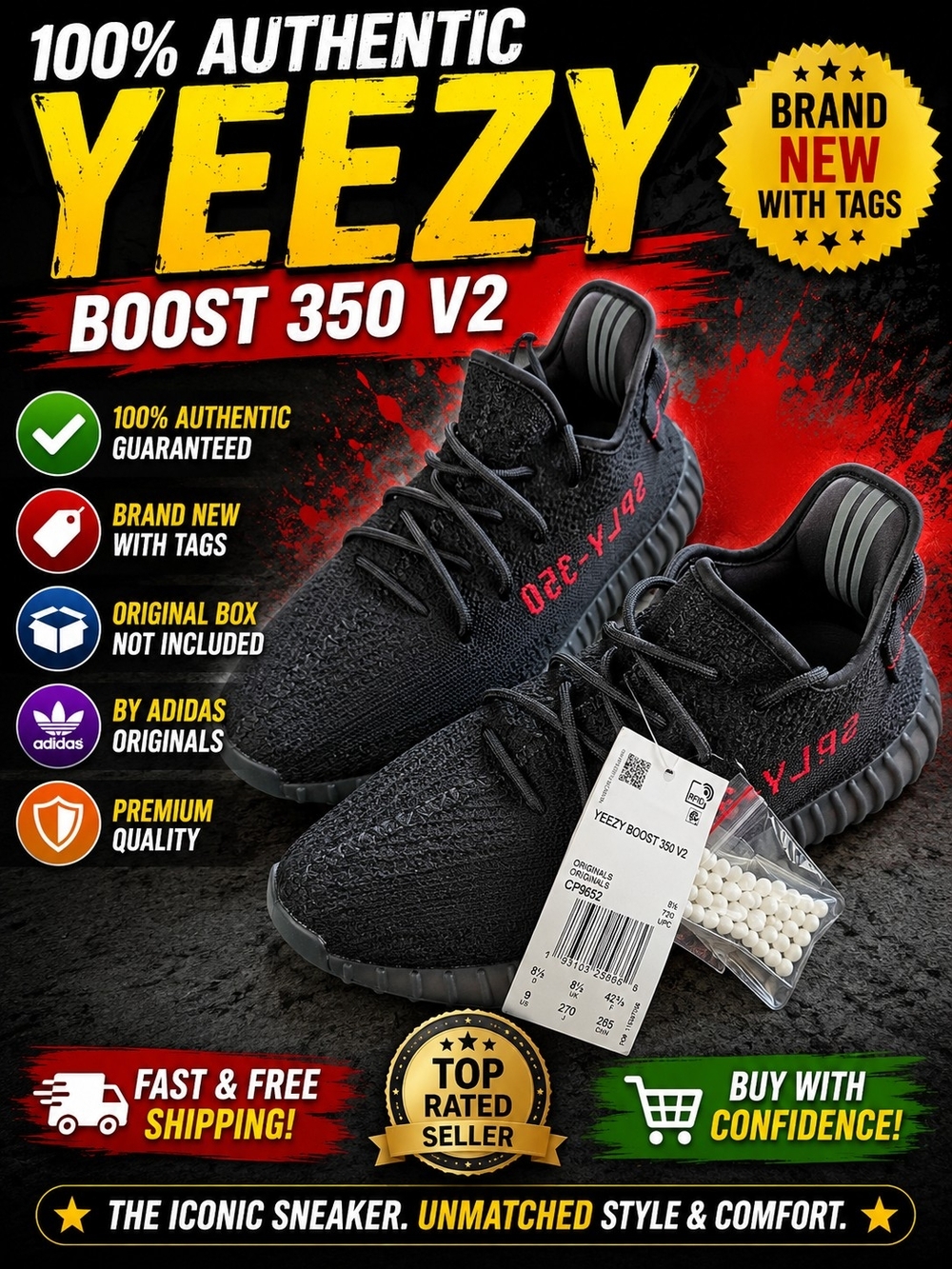 Adidas Yeezy Boost 350 V2 Bred Core Black Red CP9652 Men's Size 9 New Tags